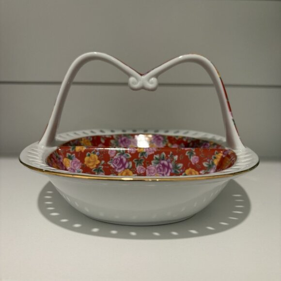 Vintage Chintz Pattern Floral Rose Ceramic Pottery Handle Divided Trinket Dish - Picture 7 of 8